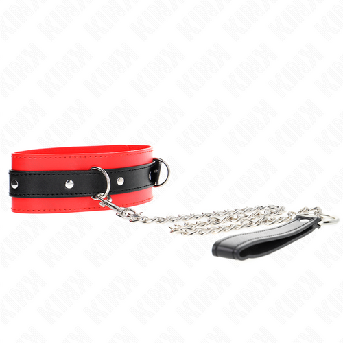 Collier de soumission bicolore rouge et noir à rivets, avec laisse à chaîne et poignée noire, présenté à plat, accessoire BDSM dominant-soumis ajustable.