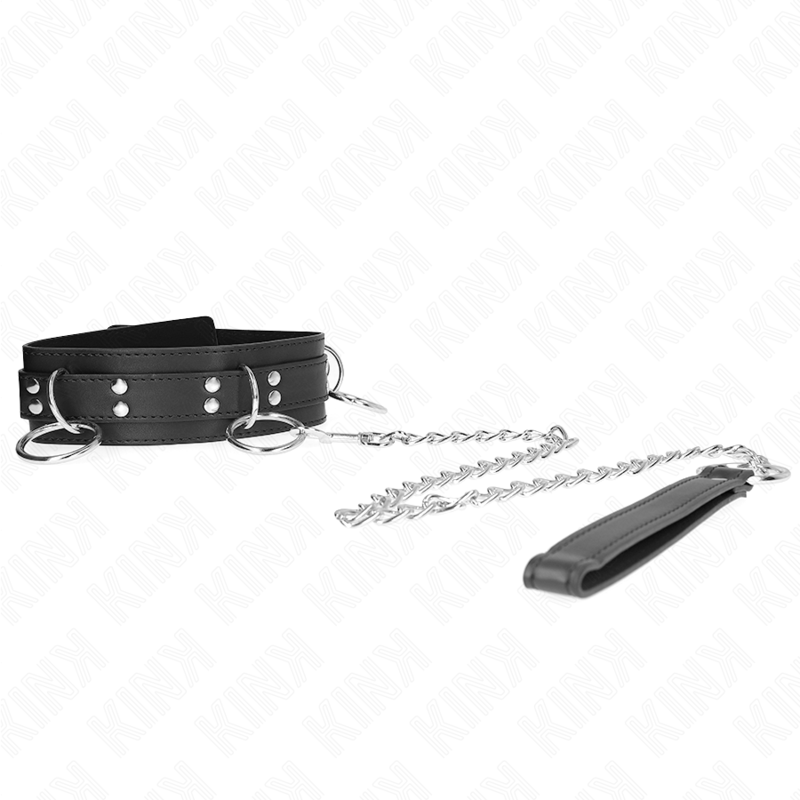 Collier de soumission noir relié à une chaîne argentée et poignée cuir à pince. Kit collier-laisse BDSM cuir pour jeu dominant-soumis à deux.