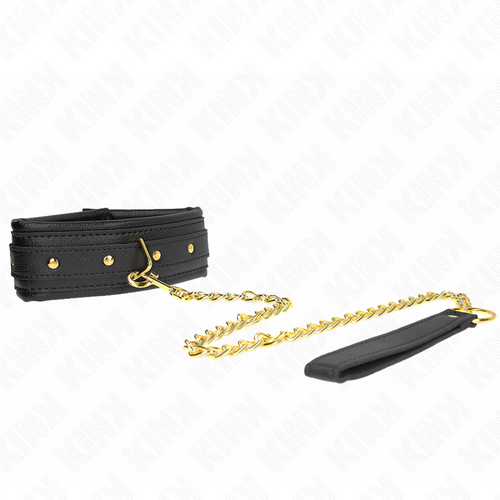 Collier de soumission en cuir noir a rivets dores avec laisse a chaine doree et dragonne, pose a plat sur fond blanc, accessoire de jeu dominant-soumis chic.