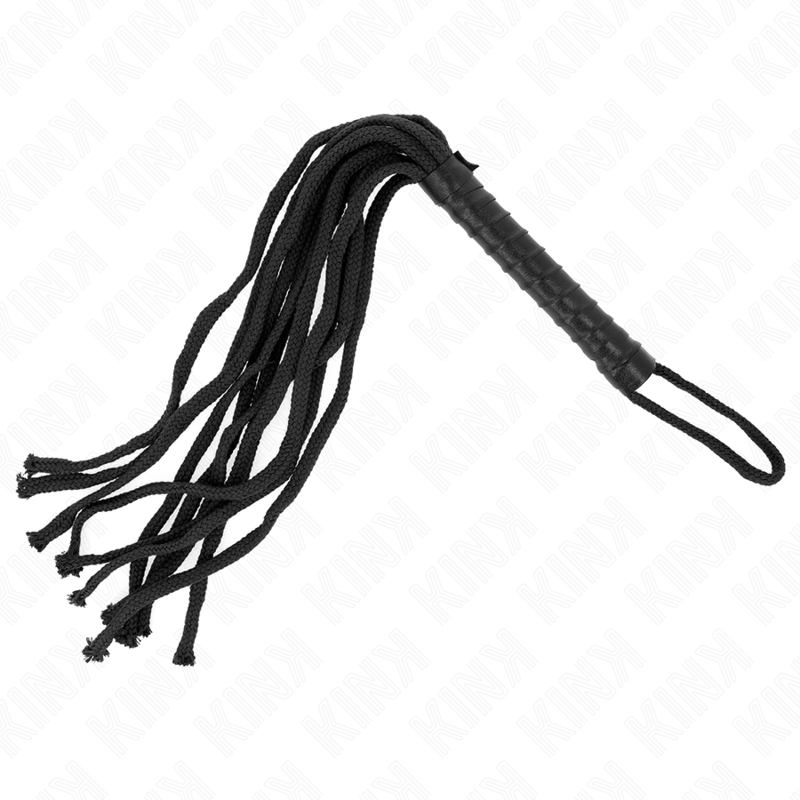 Martinet à mèches de corde noire tressée avec manche et dragonne, accessoire de discipline souple de 56 cm de la gamme Kink.