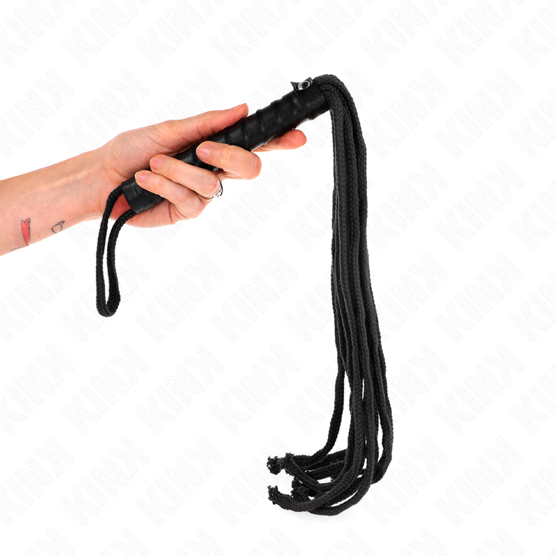 Martinet à mèches en corde de coton noire et manche tressé saisi en main, fouet souple de 56 cm aux brins multiples pour jeux d'impact.