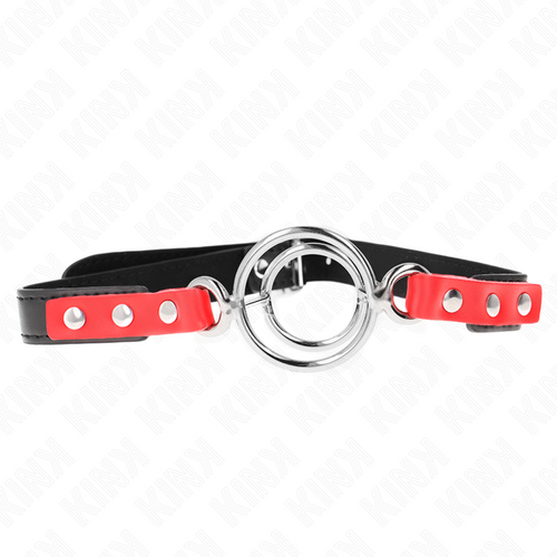 Baillon a anneaux multiples metal sur sangle cuir rouge et noire, double anneau argente d'ouverture pour ajuster le jeu de soumission visuel