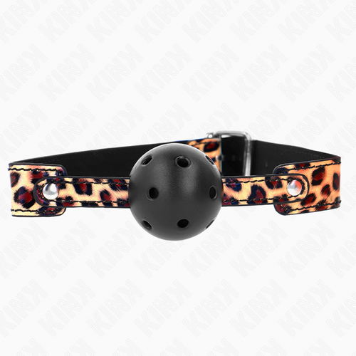 Baillon boule noire respirante sur sangle leopard a anneaux argentes, boule ajouree et imprime panthere pour un jeu de domination affirme