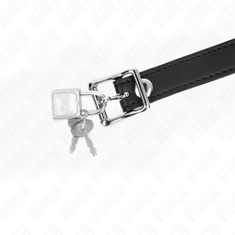 Detail de la boucle metallique et du petit cadenas a cles de la sangle en cuir, fermeture verrouillable du baillon boule pour des jeux de controle.
