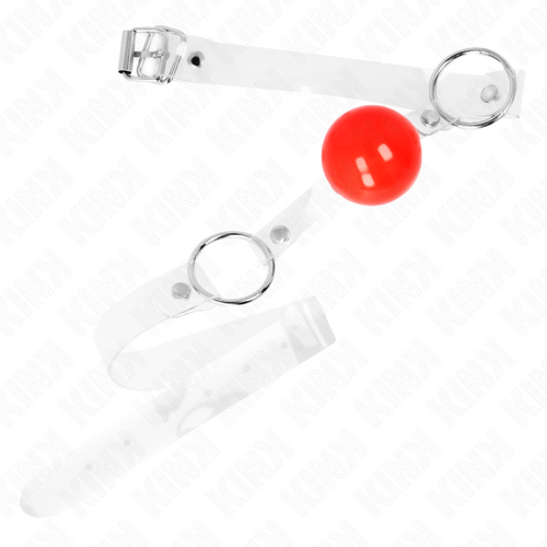 Baillon boule rouge KINK a sangle transparente deployee avec anneaux, vue de dessus sur fond blanc detaillant la lanier souple et la boule lisse.