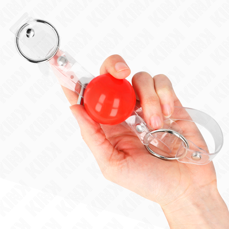 Bâillon boule rouge transparente sangle ajustable — vue de profil
