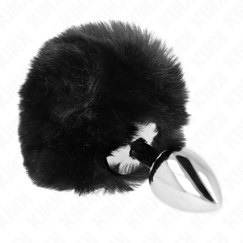 Plug anal en acier inoxydable poli surmonté d'une queue de lapin pompon noire, accessoire bijou animal lisse pour le jeu de rôle coquin.