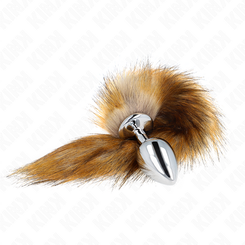 Plug métal chromé surmonté d'une queue rousse en fausse fourrure façon renard, accessoire de jeu de rôle BDSM aux poils longs et chauds sur fond clair