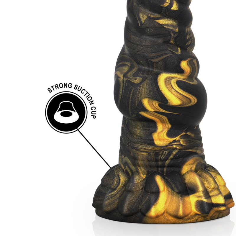 Gros plan de la base du gode Furias noir et dore tourbillonne, picto strong suction cup. Silicone texture fixable mains libres pour une utilisation stable et confortable.
