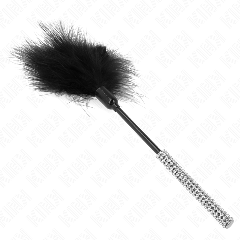 Plumeau de chatouilles compact a pompon noir et manche a strass vu a l'horizontale, 27 cm pour effleurer la peau de pres, jeu sensoriel scintillant.