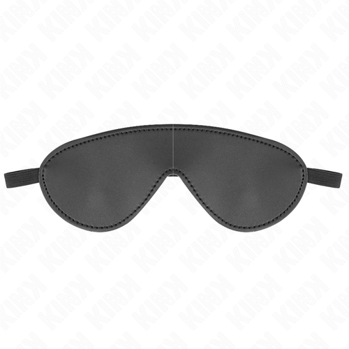 Masque sur les yeux noir présenté à plat avec sa fine sangle élastique, cuirette souple matelassée, accessoire de soumission soft pour éveiller le toucher.