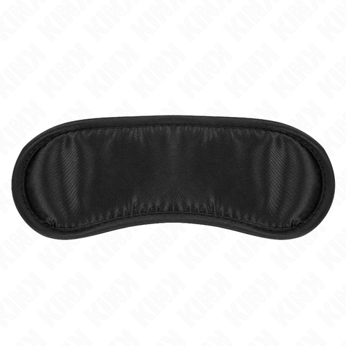Masque occultant noir satiné présenté à plat, coques matelassées et fine sangle, accessoire BDSM soyeux pour priver la vue lors de jeux sensoriels.