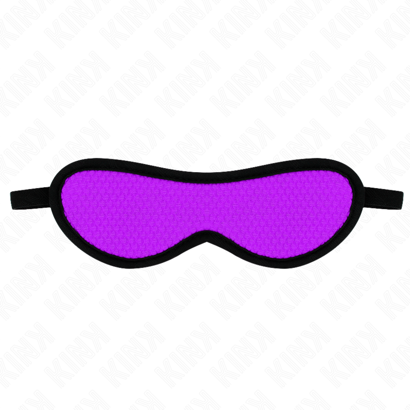Masque BDSM sur les yeux violet à surface en écailles et bord noir, étalé à plat avec sa sangle élastique, accessoire de privation visuelle pour jeux sensoriels.