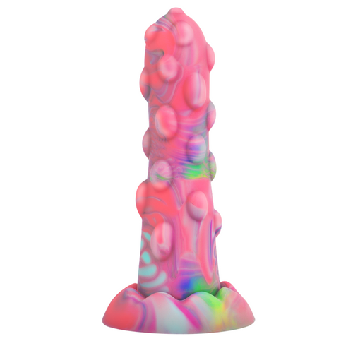 Gode fantaisie Nixie en silicone aux teintes pastel multicolores, vue de face sur base ventouse, reliefs bosseles d'esprit aquatique, un design fluide non anatomique.