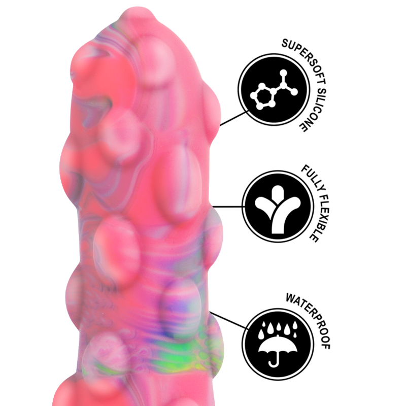Gode fantaisie Nixie en silicone avec pictogrammes supersoft, flexible et waterproof, reliefs bosseles et teintes pastel, un design fantasy non anatomique.