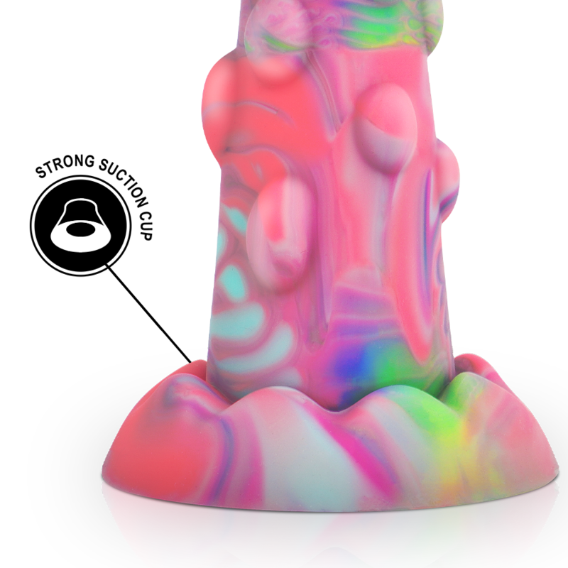 Gode fantaisie Nixie en silicone avec picto strong suction cup, reliefs bosseles colores et large base ventouse stable, un design fantasy souple et non realiste.