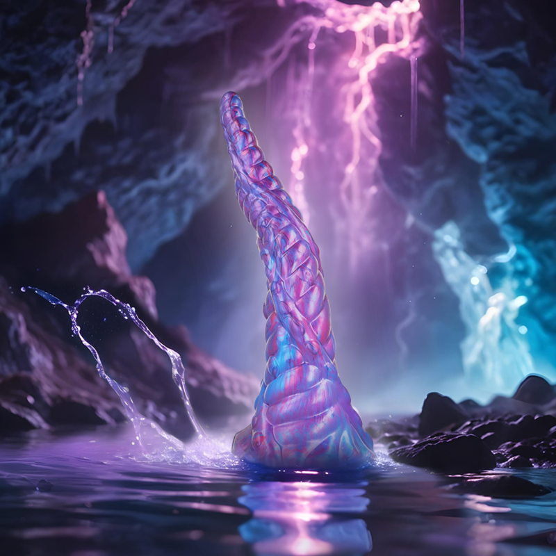 Gode fantaisie Nokken en silicone facon tentacule torsade mis en scene dans une grotte lumineuse, teintes violettes, un objet fantasy sans element anatomique humain.