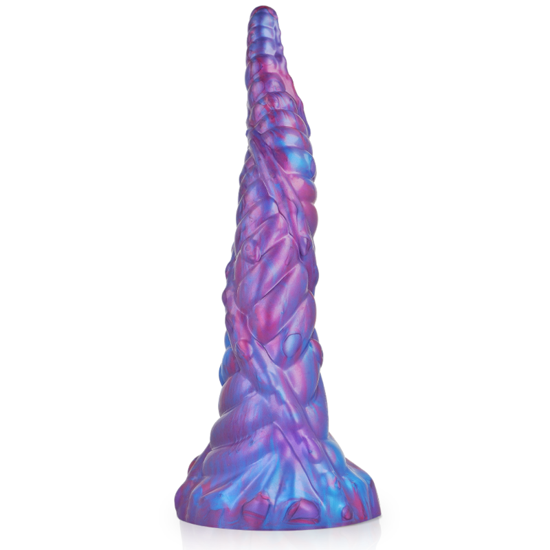 Gode fantaisie Nokken en silicone facon tentacule torsade vu de face, pointe effilee et relief spirale violet, un design fantasy organique non anatomique.