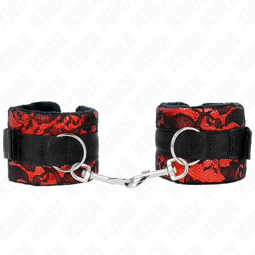Manchettes courtes de poignets en nylon noir et velours à motif dentelle rouge, reliées par une chaîne et anneaux en D, accessoire de contention BDSM doux et réglable.