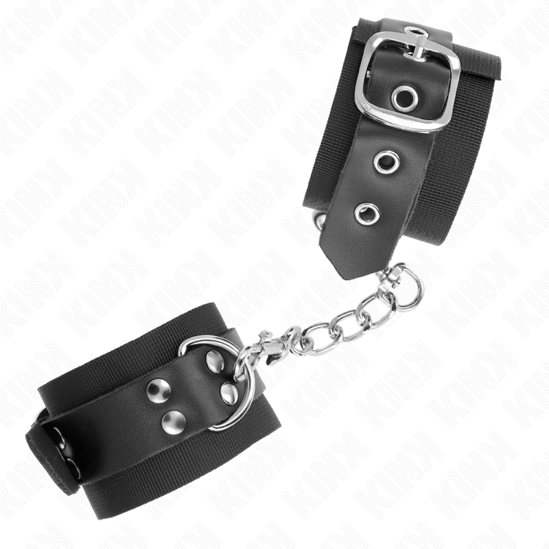 Menottes en cuir noir à grosse boucle ardillon et anneau en D reliées par une chaîne, kit d'attache de bondage au look donjon pour jeux de domination