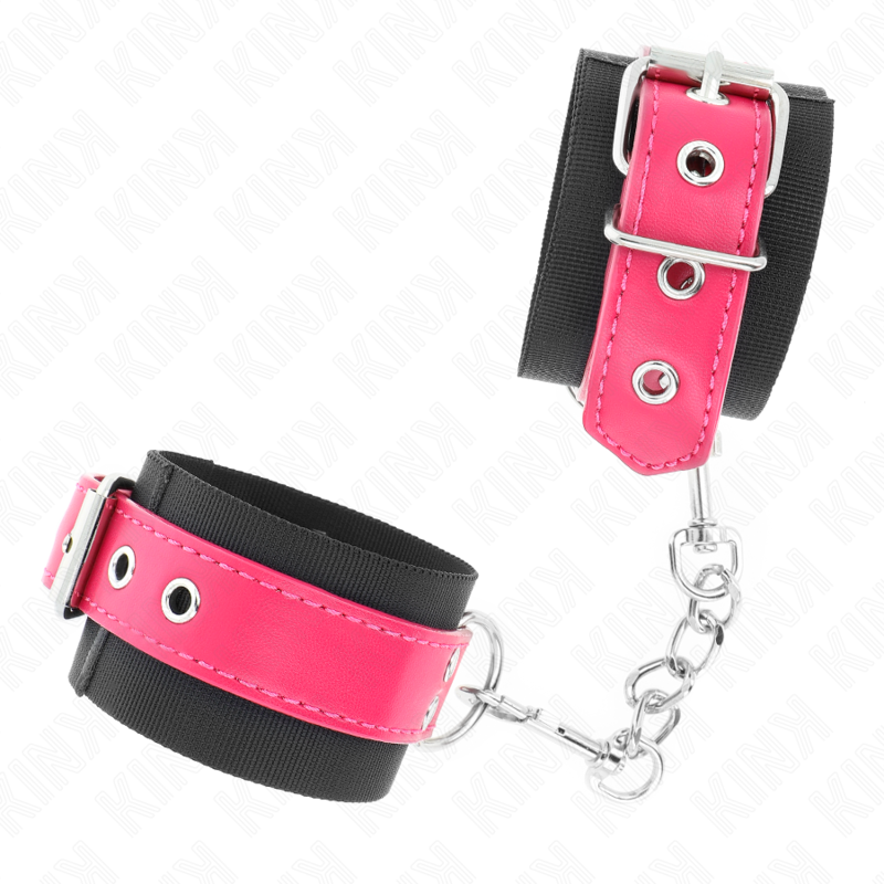 Menottes en cuir rose et noir à boucle ardillon reliées par une chaîne argentée, kit d'attache de bondage bicolore au look girly pour jeux de soumission