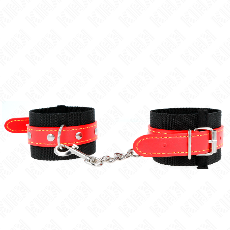 Manchettes de poignet nylon noir et cuir rouge — détail produit