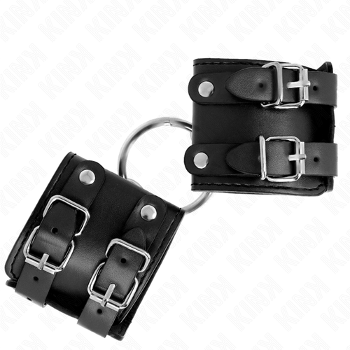 Manchettes de poignets noires à double boucle ceinture et anneau métallique d'attache, kit de contention en simili au look rivets.
