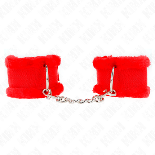 Paire de manchettes de poignets doublées de fourrure rouge reliées par chaînette et mousquetons, kit d'attache moelleux pour débuter.