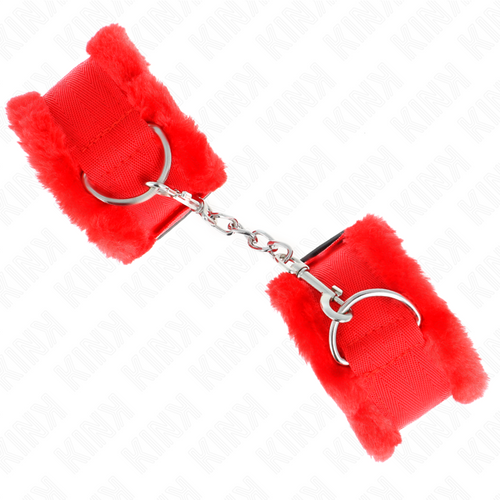 Manchettes de poignets en fourrure rouge à anneau et chaînette d'attache, kit de contention douillet pour des jeux de domination soft.