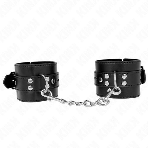Paire de manchettes de poignets noires à boucles ceinture reliées par chaînette, menottes ajustables en simili pour jeux d'attache à deux.