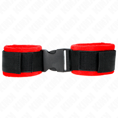 Menottes de poignets en néoprème noir doublé de rouge, posées à plat avec boucle clip centrale, kit d'attache confortable pour débuter le bondage soft