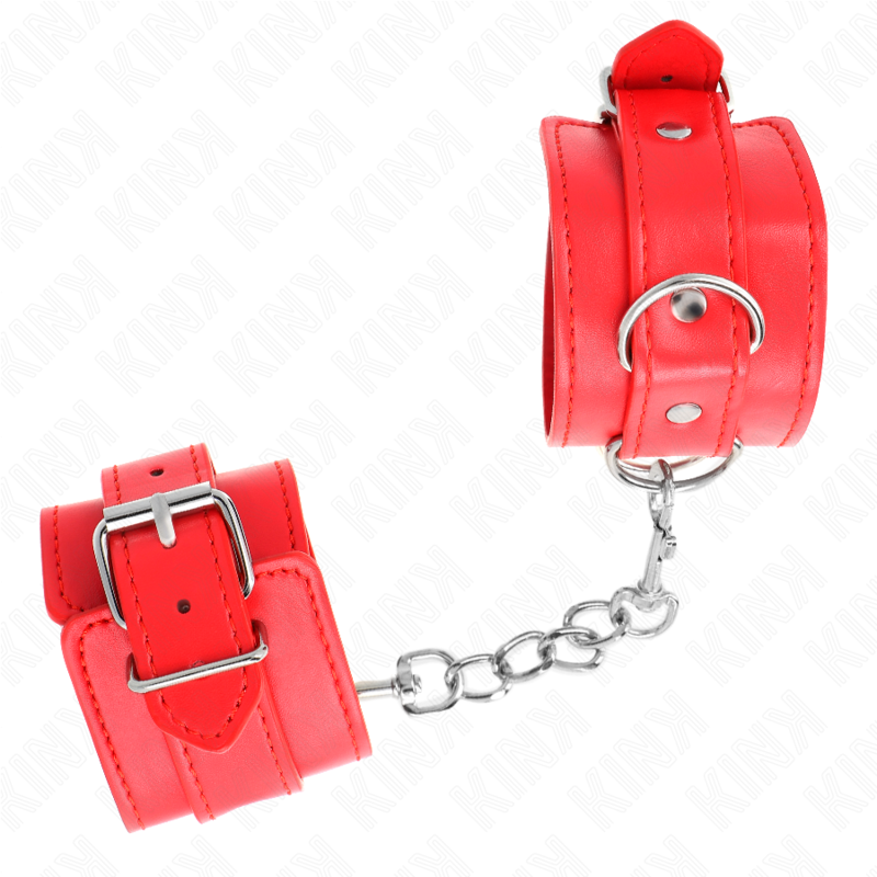Menotte en cuir rouge à boucle et rivets tenue en main, anneau et chaîne visibles, kit d'attache de bondage coloré pour jeux de soumission à deux