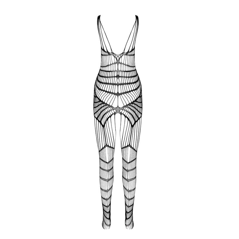 Bodystocking resille noir presente a plat sur fond blanc, maille a motifs graphiques verticaux, combinaison integrale taille unique de Passion.
