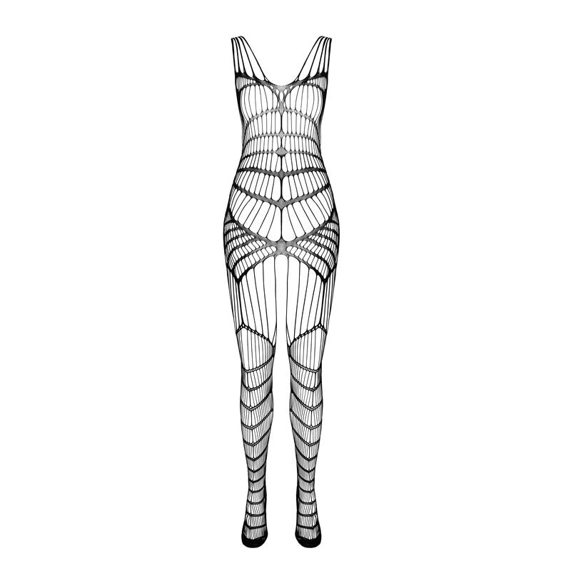 Combinaison resille noire detouree sur fond blanc, motifs en eventail et bretelles, bodystocking integral taille unique signe Passion.