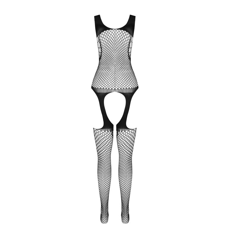 Combinaison resille noire presentee a plat sur fond blanc, haut moule et bas a effet jarretelles ajoure, bodystocking taille unique signee Passion.