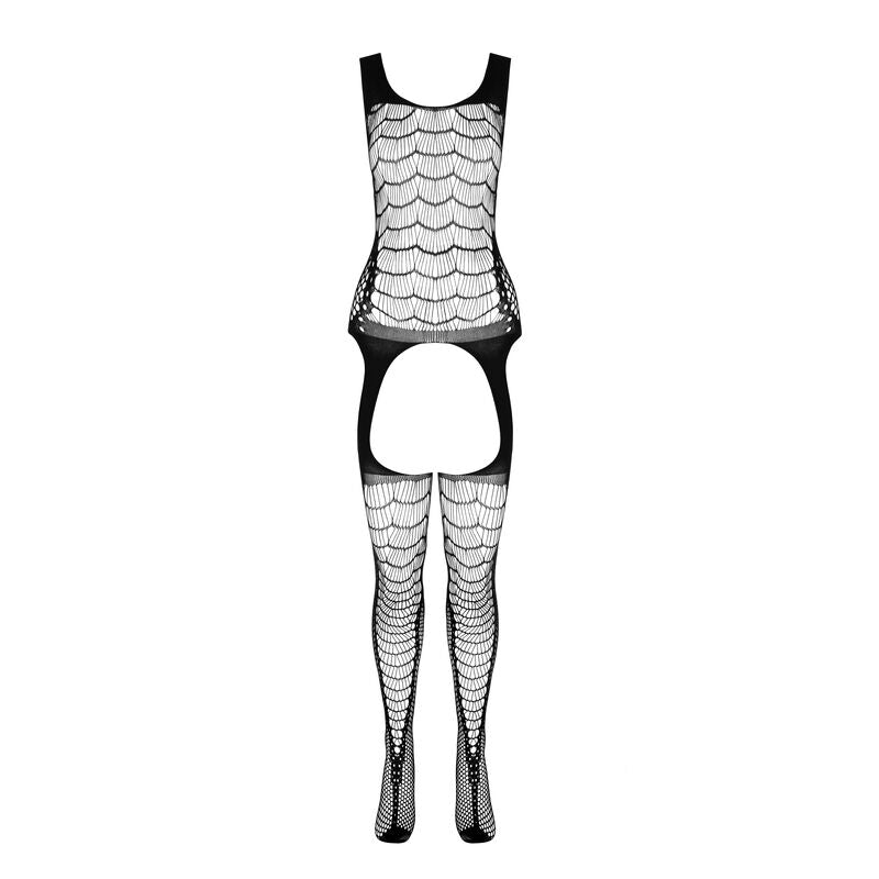 Bodystocking resille noir detoure sur fond blanc, effet porte-jarretelles et bas a motifs, combinaison ouverte taille unique signee Passion.
