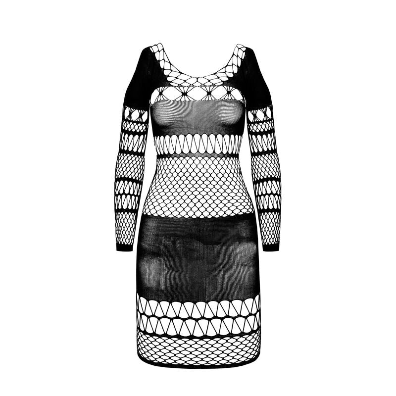 Mini-robe resille noire detouree sur fond blanc, manches longues et bandes a mailles filet contrastees, robe ajouree taille unique Passion.