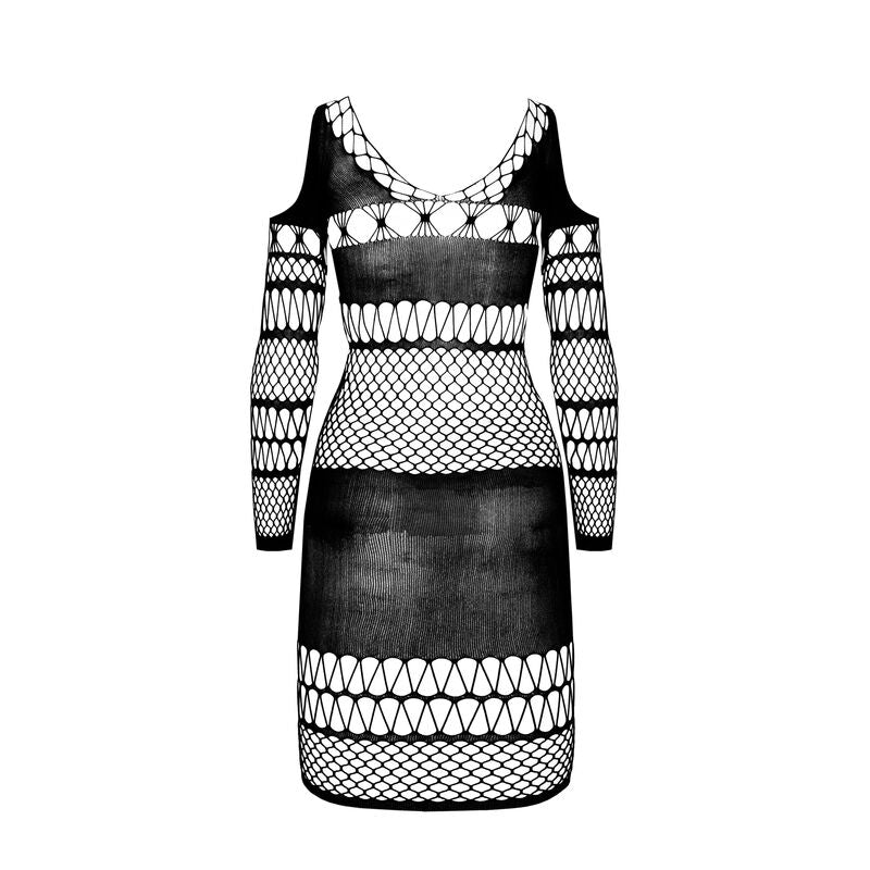 Robe resille noire presentee a plat sur fond blanc, epaules denudees et larges bandes filet, mini-robe ajouree taille unique signee Passion.