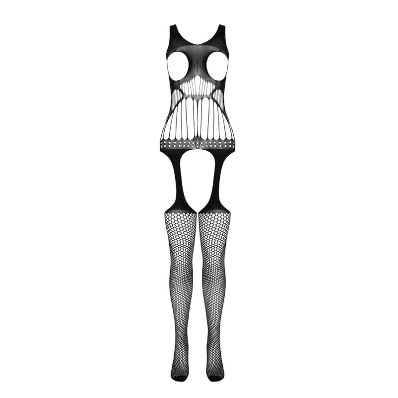 Combinaison resille noire presentee a plat sur fond blanc, decoupes graphiques au torse et bas degrades, bodystocking ajoure taille unique Passion.
