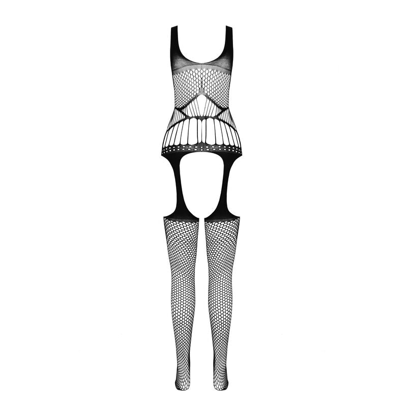 Bodystocking resille noir detoure sur fond blanc, decoupes ajourees au buste et bas a mailles fines, combinaison ouverte taille unique Passion.