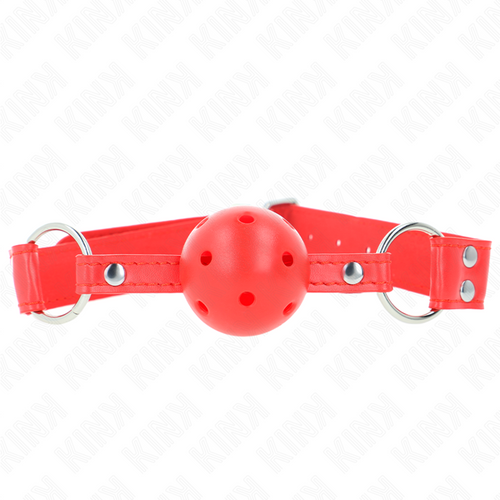 Baillon boule rouge respirante sur sangle cuir rouge a anneaux argentes, boule percee vive pour un jeu de soumission complice et confortable