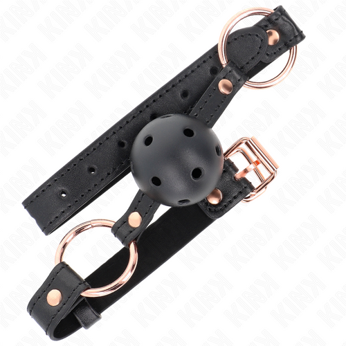 Baillon boule noire respirante sur sangle cuir a anneaux or rose et boucle, boule ajouree et touche doree pour la domination elegante