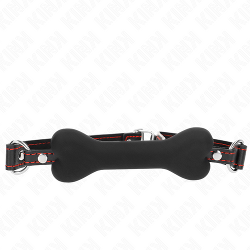 Baillon en forme d os en silicone noir KINK sur sangle a surpiqure rouge, vue de face sur fond blanc, mors souple pour une entrave originale.