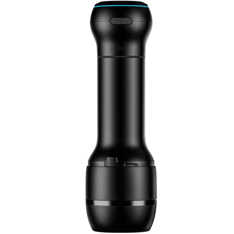 Masturbateur bouche en coque noire fermee debout, embout superieur a lisere bleu sans anatomie visible, appareil compatible module d'aspiration reglable Kiiroo.