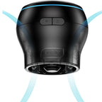 Masturbateur bouche en coque noire entoure d'ondes bleues figurant l'aspiration, boutons de controle visibles, module a succion personnalisable de Kiiroo.