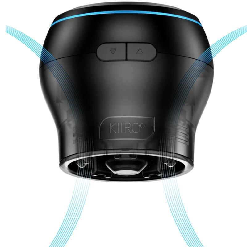 Masturbateur bouche en coque noire entoure d'ondes bleues figurant l'aspiration, boutons de controle visibles, module a succion personnalisable de Kiiroo.