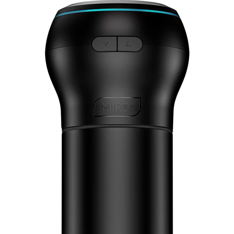 Masturbateur bouche en coque noire a boutons de controle, design ferme sans anatomie visible, appareil compatible module d'aspiration personnalisable Kiiroo.
