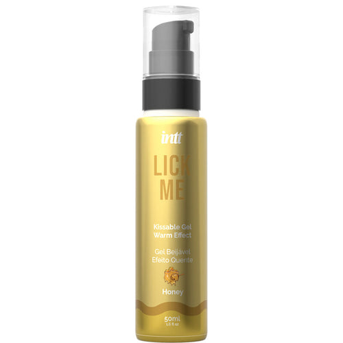 Flacon pompe dore Intt Lick Me Honey vu de face, gel de massage comestible Energy Drink effet chauffant leger saveur miel, format airless elegant