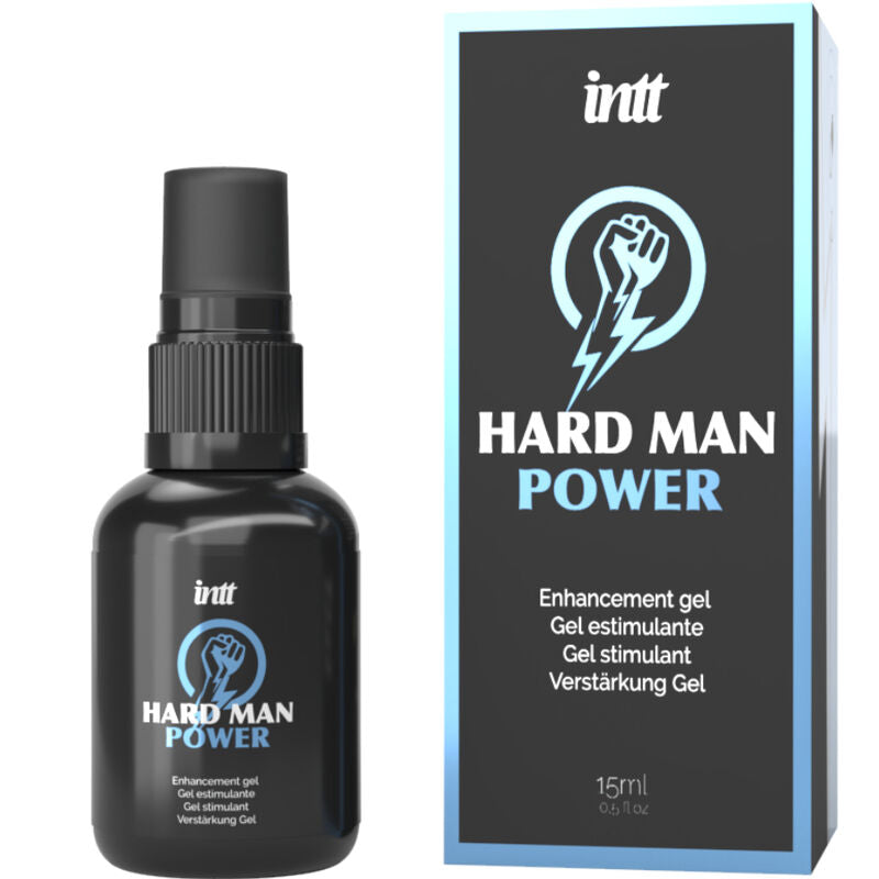 Flacon spray noir Intt Hard Man Power a cote de sa boite bleue, gel stimulant masculin sensations intenses au design poing graphique, format 15 ml