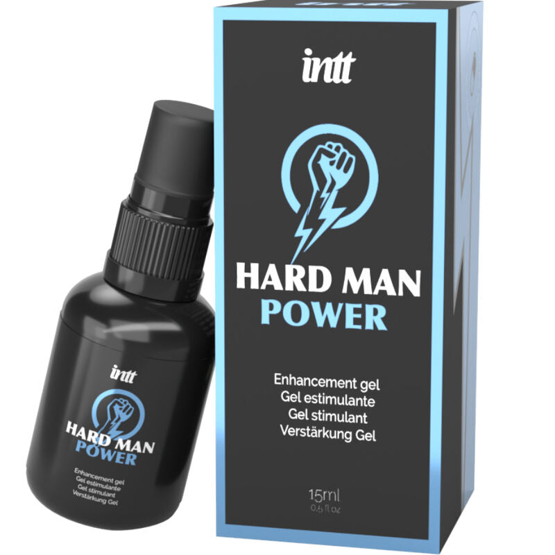 Flacon noir Intt Hard Man Power pose couche devant sa boite bleue, gel stimulant pour homme sensations intenses, vue alternative du packaging au logo poing